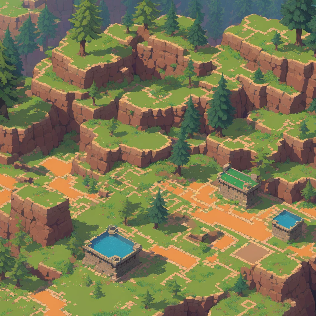 retro video game style,pixelated, vibrant colors,8-bit characters,blocky shapes,sharp lines,detailed shading,classic gaming vibe,nostalgic atmosphere,classic arcade games,masterpiece:1.2,ultra-detailed,illustration style, 2d texture, 3/4th perspective tileable stone texture, 4 k seamless grass texture, video game texture, dirt texture, tileset, game tiles, grass, 3/4th perspective trees, 3/4th perspective tileable rock texture, 3/4th perspective forest, 3/4th perspective tileable cliff formations, trees, topdown view, game texture, tileable game art, texture, very detailed 3/4th perspective tileable cliff texture, top down view, 3/4th perspective