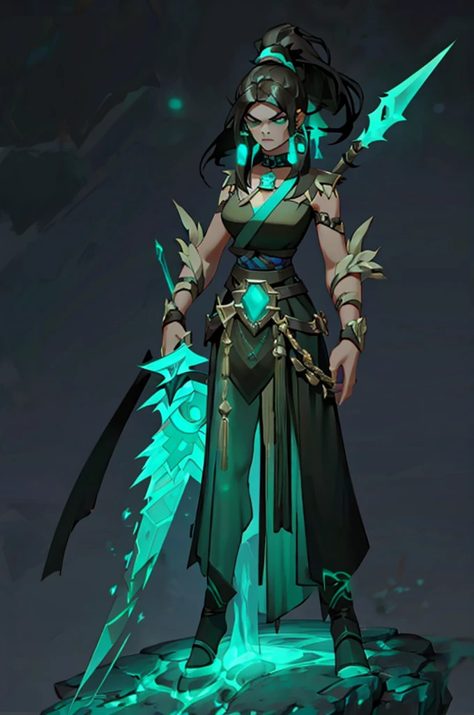 "Concept art of a female telepathic assassin named Astra. She has piercing green eyes, long dark hair tied in a ponytail, and is wearing a sleek, dark outfit with hints of green accents. She carries an intricate dagger with a gemstone hilt. The background is a shadowy urban nightscape, adding a mysterious and intense atmosphere. Astra is in a dynamic pose, using her telepathic powers, with her pendant glowing faintly. The style is highly detailed digital painting with dramatic lighting."