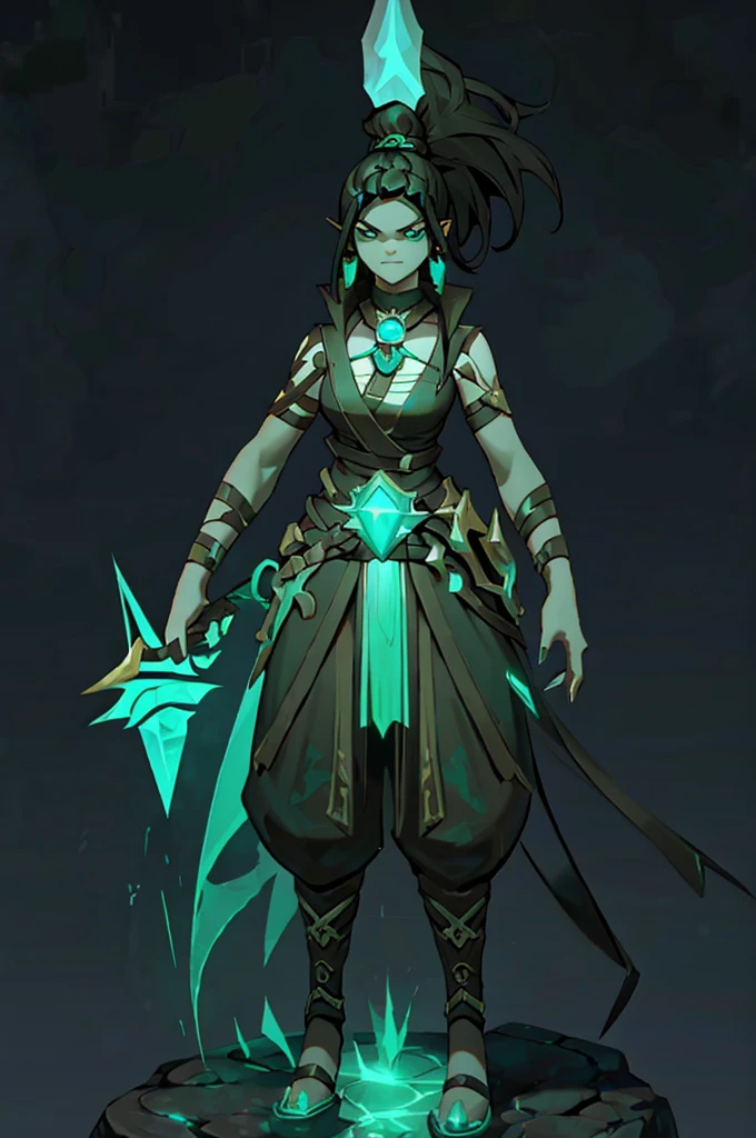 "Concept art of a female telepathic assassin named Astra. She has piercing green eyes, long dark hair tied in a ponytail, and is wearing a sleek, dark outfit with hints of green accents. She carries an intricate dagger with a gemstone hilt. The background is a shadowy urban nightscape, adding a mysterious and intense atmosphere. Astra is in a dynamic pose, using her telepathic powers, with her pendant glowing faintly. The style is highly detailed digital painting with dramatic lighting."