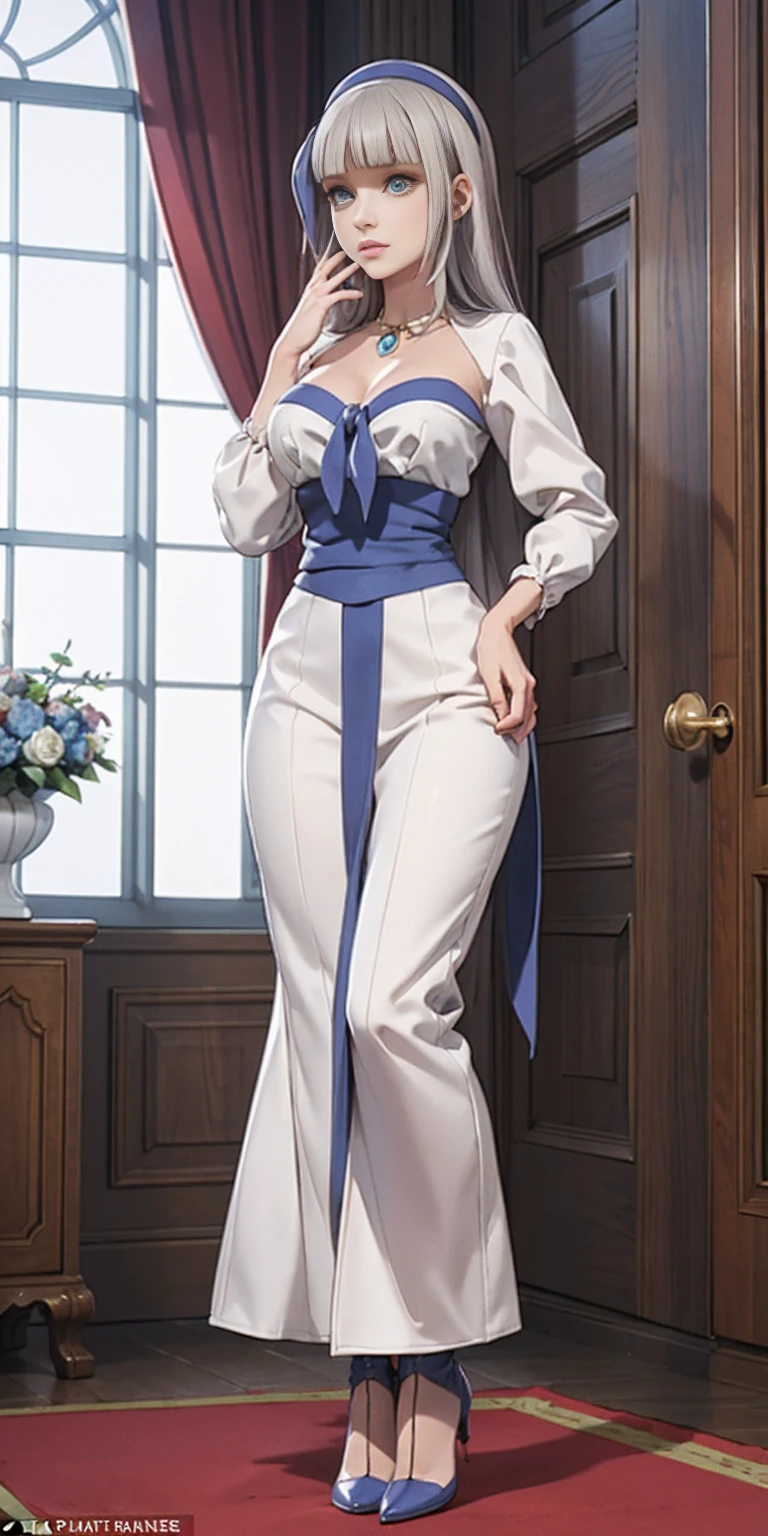 Setting: Royal bedroom - Grand, opulent, with rich fabrics and tapestries Character: Appearance: White hair - Short, styled in a sharp bob Full figure - Curvaceous Attire: High boots - Leather, reaching up the calves Elegant outfit Mylene Rapha Holfort