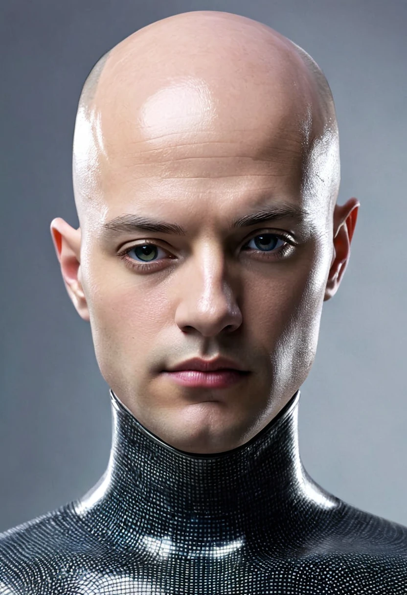 1 futuristic bald man, plano americano , without any facial features, It seems that his face is lined with some type of texture, (ntf image), digital human