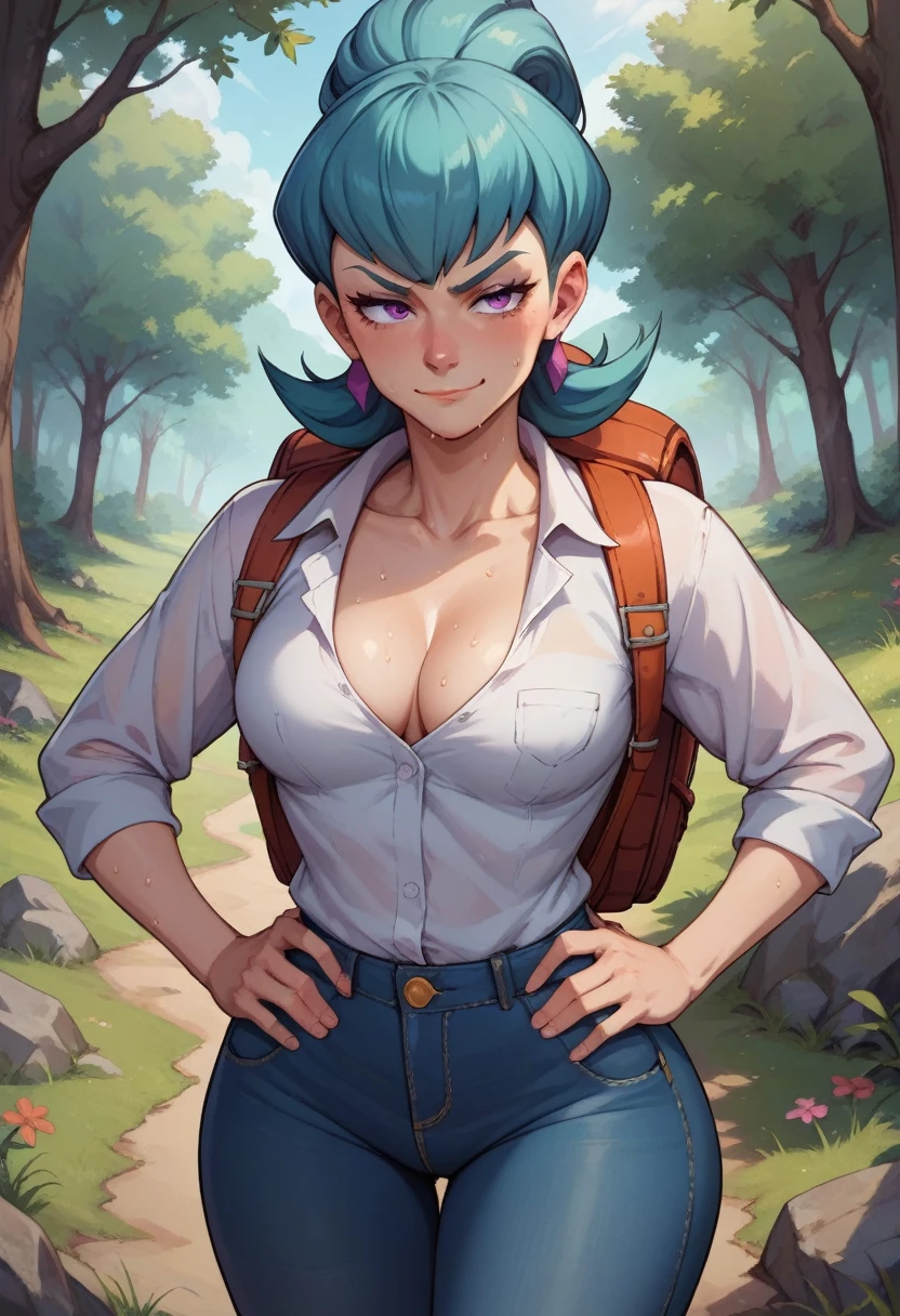 score_9, score_8_up, score_7_up, score_6_up, BREAK Juniper from pokemon, wearing hiking outfit, backpack, cleavage, medium breasts, seductive smirk, hands holding own hips, sweating, wide hips, big ass, in a forest, jeans, long sleeved shirt