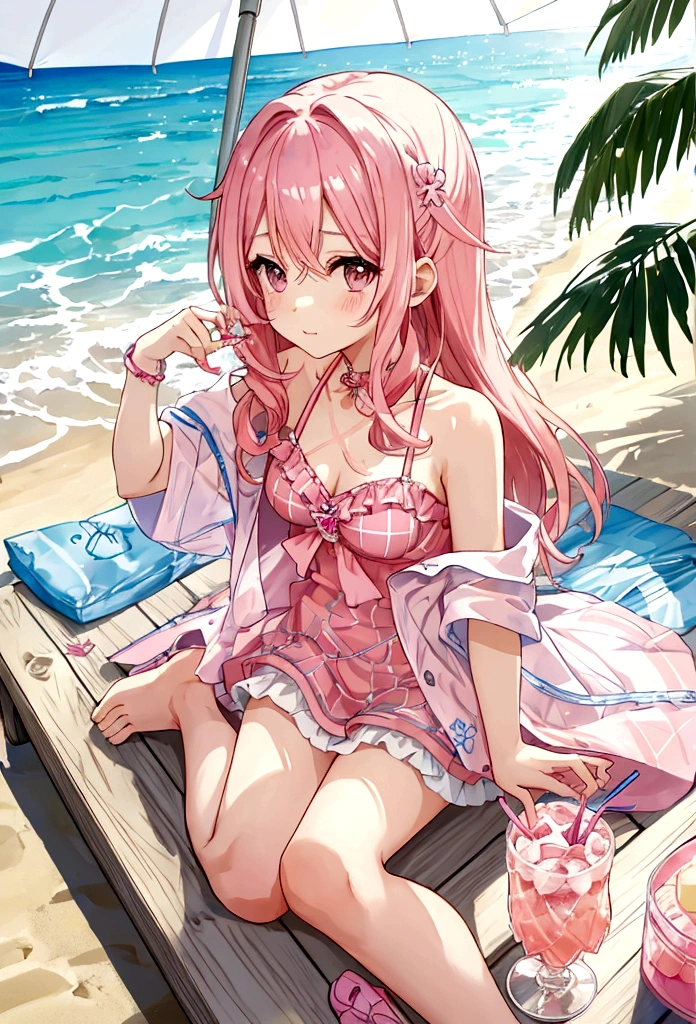 Official art、Top quality ultra-detailed CG art、a beauty girl：１.２）、Pink hair、Glossy hair、smooth hair、large blue eyes,Mid summer、kawaii、The sky is beautiful、Cute、bob cuts、Pink choker、Shiro colored swimsuit、ssmile、年轻、