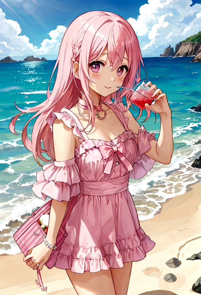 at the seaside,Pink Hair Girl,Drinking summer drinks