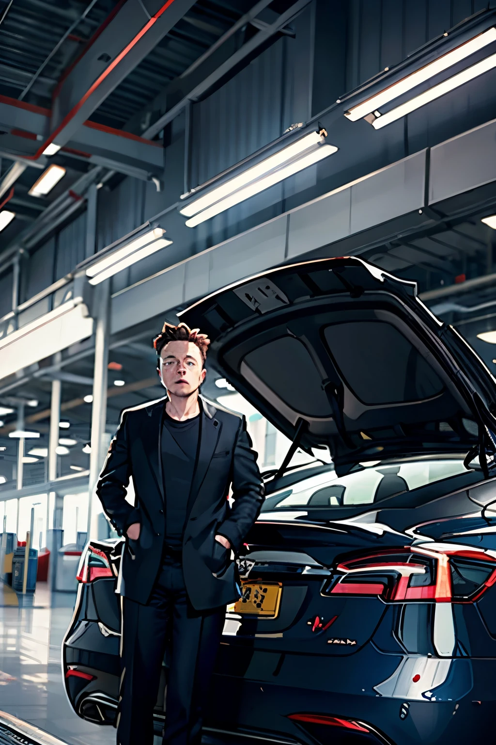 [Scene 5: Animated  [Elon Musk] near Tesla Factory] [[Elon Musk] is seen in a Tesla factory, with electric cars being assembled around him.] Narrator: "Fact 4: Elon is also the CEO of Tesla, which makes electric cars. Tesla's mission is to accelerate the world's transition to sustainable energy."