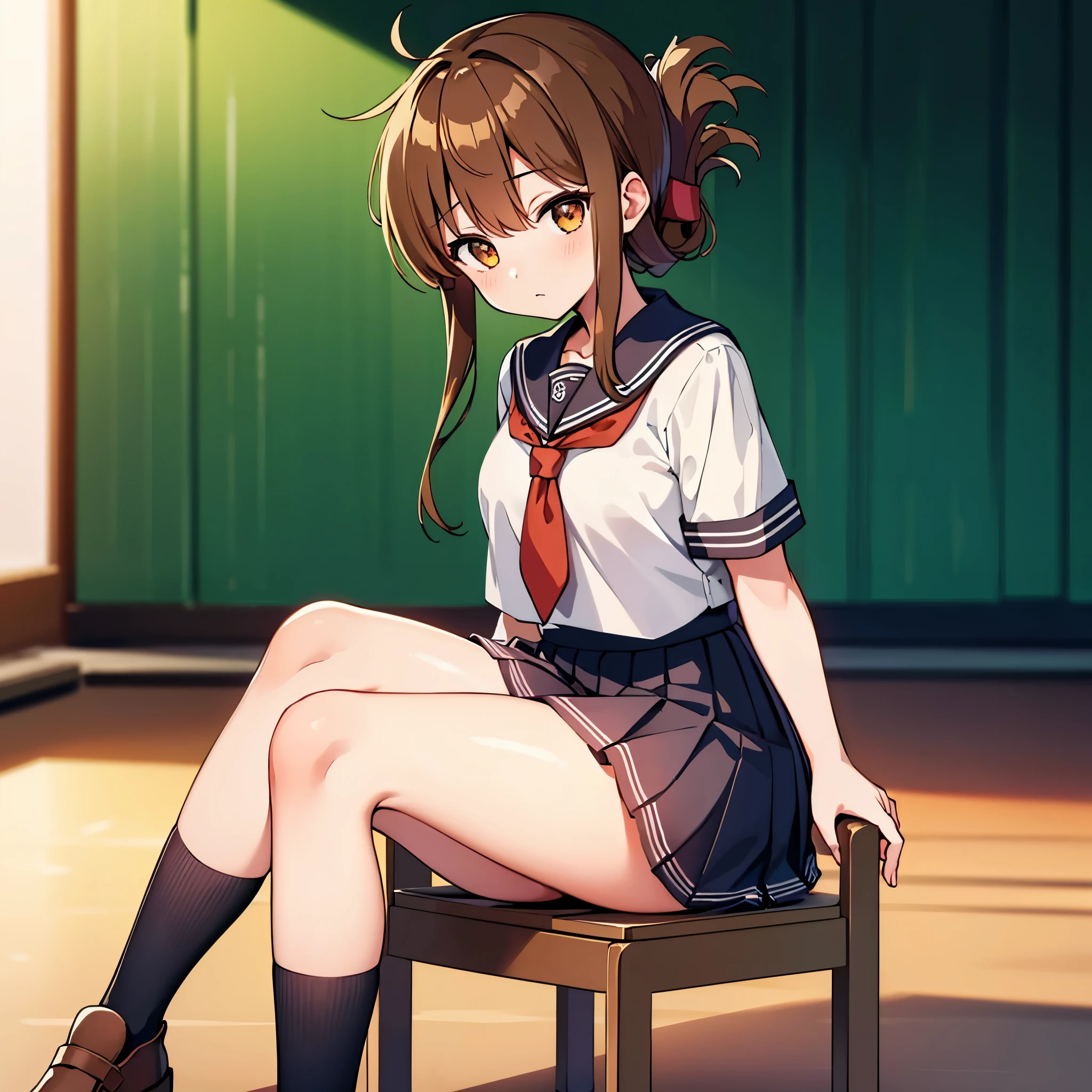 sit in a chair, Look to the right,I am not feeling well and am holding my knees while observing a class on the floor of the School gymnasium.,(masterpiece, Highest quality:1.2),figure,8K,High resolution,One girl,alone,Upper Body,(Portraiture:1.2),brown_hair,Folded_ponytail,brown_eye,Seraphim,length_hair,School_uniform,skirt,Pleats_skirt,(masterpiece, best quality:1.2),illustration,8K,HD,1girl,独奏,upper body,(portrait:1.2),brown_hair,folded_ponytail,brown_eyes,serafuku,long_hair,school_uniform,skirt,pleated_skirt,