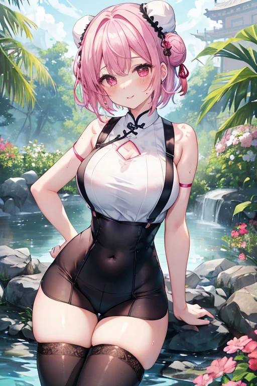 solo, 1 woman, Masterpiece, highest quality, highest quality, 16K, incredibly absurd, highly detailed, 2.5D, delicate and dynamic, very delicate facial expressions, delicate eye depiction, erotic, only sexy woman, healthy figure, 25-year-old woman, bride, 160cm tall, medium firm swaying bust, (short hair), (pink hair:1.5), bob cut, black eye, smile, ((thin thighs)), (visible nipples:0.7), (camel toe:0.3), ((shiny and lustrous)), facing straight at viewer, (standing), sexy pose, Bright outdoor park during daytime, cowboy shot, (arms behind back),