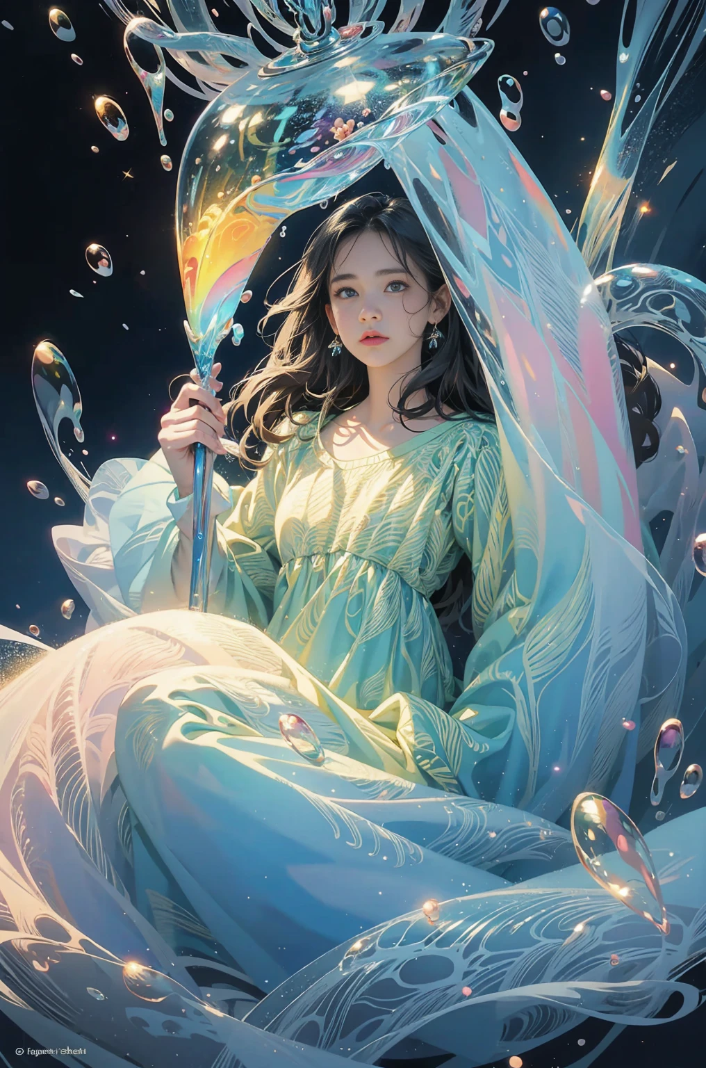 masterpiece, Highest quality, Intricate details, Excellent anatomy、beautiful girl, Sparkling eyes, Otherworldly liquid fantasy background, watercolor, Bright and vibrant colors, Whimsical, colorful, ((Rainbow bubbles))、artwork:Katsuya Terada 、(iceの女王:1.4)、ice、(Esbian all over:1.4)、watercolor画、Black Background、diego gisbert lawrence、Joe San Gonzalez Dan Mumford、Picture book illustrations、vague、superwide shot、Highest quality、Intensive、Golden ratio composition、