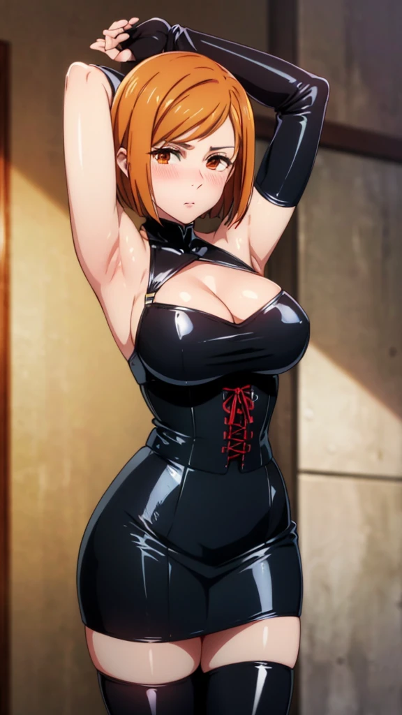 masterpiece, highest quality, High resolution, highly detailed face, Detailed CG, orange hair, orange eyes, short hair,large breasts, (Long gloves covered in black latex all the way to the fingertips), (Black latex corset dress), (Halter neck corset dress), (Black latex tight mini skirt), (Black thigh-high boots),blush, stylish pose, stylish angle, looking at the viewer, in the center of the image, cowboy shot, arms up, armpits visible, detailed armpits