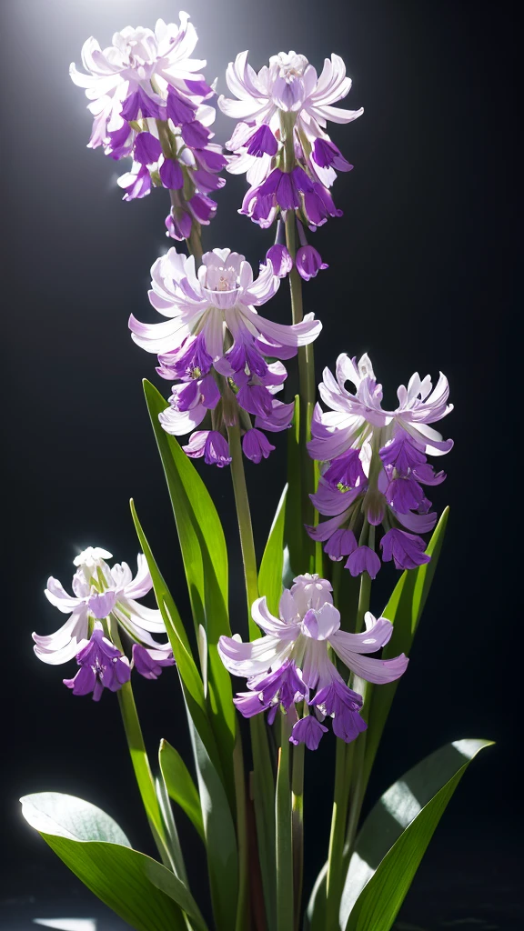 Delicate bouquet of hyacinths, Ultra-transparent, holy Light, beautiful spectral Light, Petals Shine, Blink, Dark Background, transparent Light drops, reflective Light, bright, Light flowing in, Optics, Portrait Profile, Sharp focus, Magic, Complex, Ultra-realistic, Fantasy, composition, Light, Art Station Trends, Pearl, Silvery Steam Guardian Cloud, Corrosive envelope group, 8K, ureal air 23v4 upLight