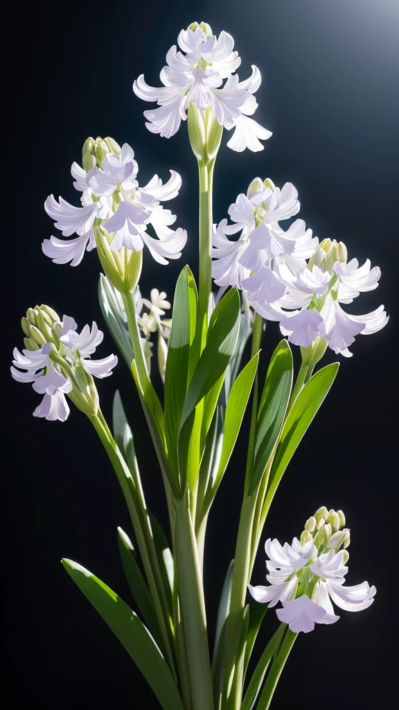 Delicate bouquet of hyacinths, Ultra-transparent, holy Light, beautiful spectral Light, Petals Shine, Blink, Dark Background, transparent Light drops, reflective Light, bright, Light flowing in, Optics, Portrait Profile, Sharp focus, Magic, Complex, Ultra-realistic, Fantasy, composition, Light, Art Station Trends, Pearl, Silvery Steam Guardian Cloud, Corrosive envelope group, 8K, ureal air 23v4 upLight