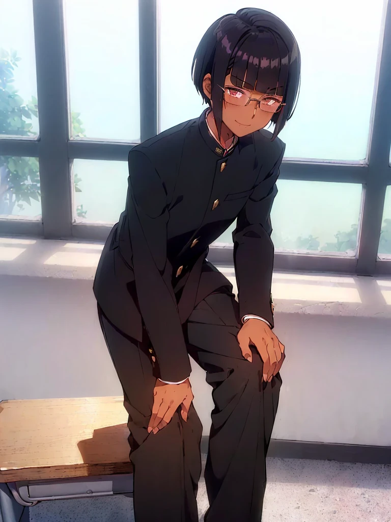 (1 feminine boy solo:1.4),(dark skin:1.5) ,20 years old, (black hair:1.3), (glasses:1.4), , (straight hair:1.5), (evil smile:1.2) ,long sidelocks, (blush:1.3),(gakuran,long pants:1.5),(very short pixie cut:1.4),(blunt bangs:1.4), (greaming skin:1.3),class room,(sit on desk,bend knee:1.4)