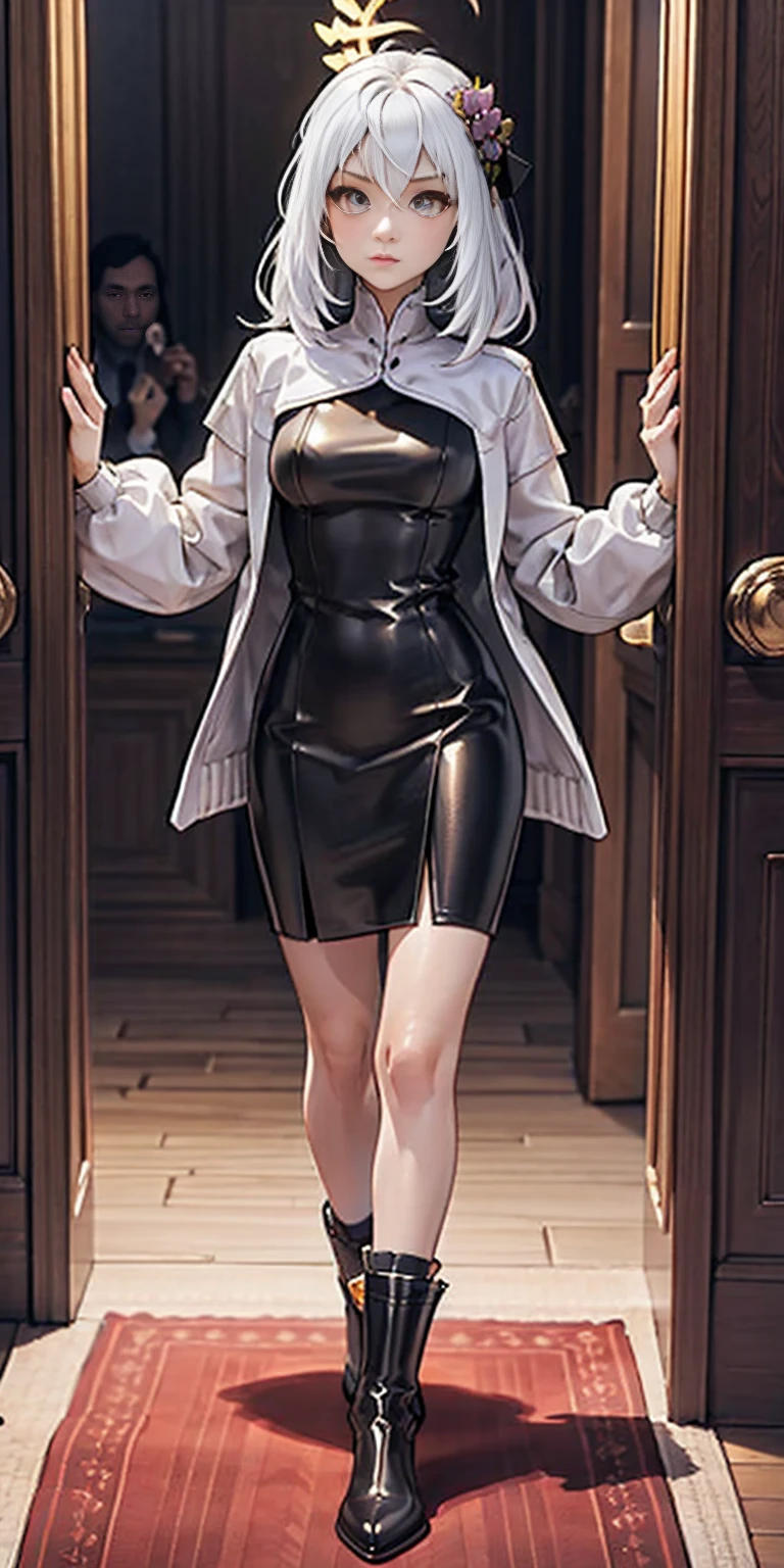 Setting: Royal bedroom - Grand, opulent, with rich fabrics and tapestries Character: Appearance: White hair - Short, styled in a sharp bob Full figure - Curvaceous Attire: High boots - Leather, reaching up the calves Elegant outfit Shirasu Azusa