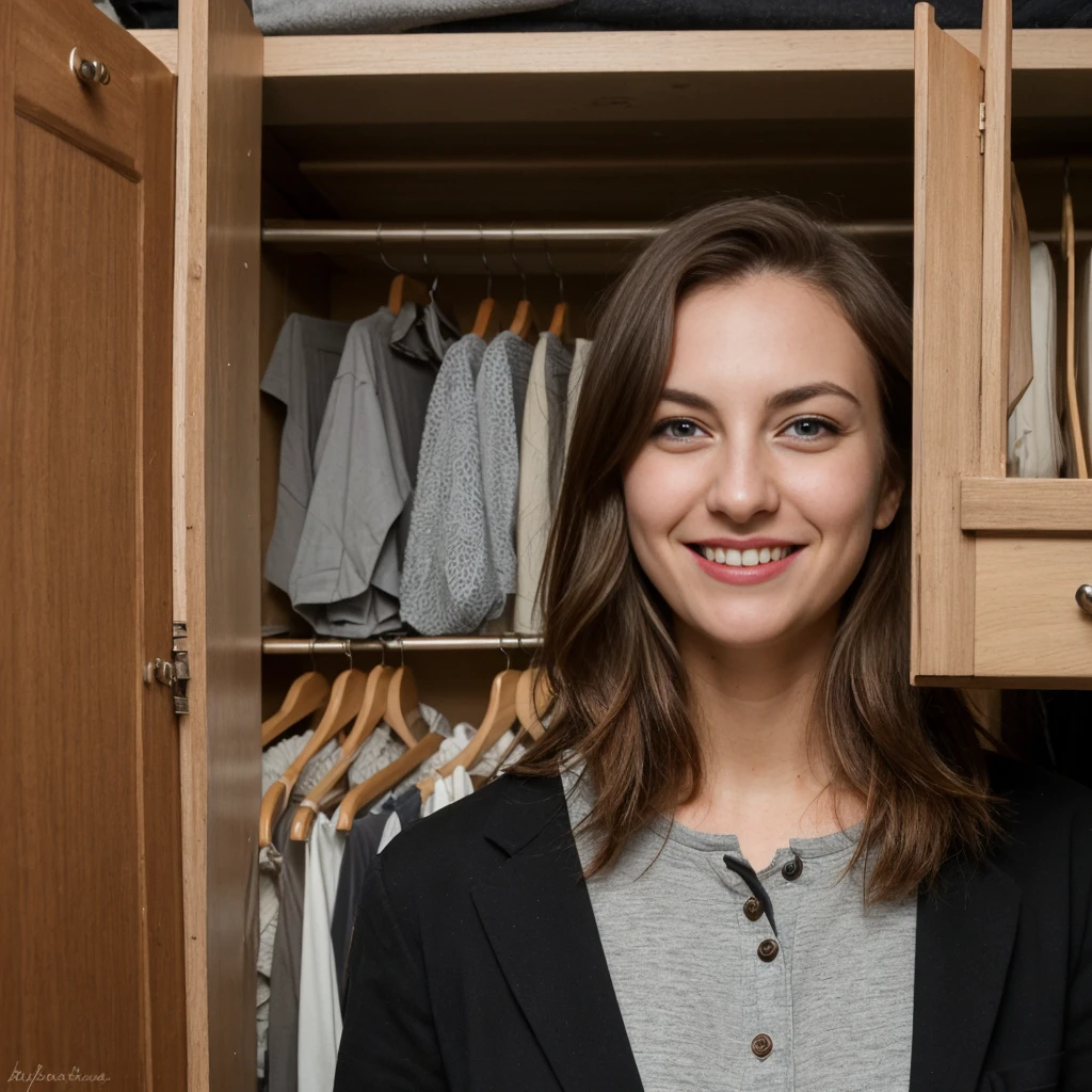 Isabella, solo, realistic, (((Caucasian brunette))), (30-years-old), chestnut brown hair, hazel eyes, fair complexion, long rectangular face, pointy nose, arched eyebrow, ((ugly:1.5)), ivory skin, smiling, ((sensual)), (full nudity), (((German woman))), (((inside the organized closet room)))