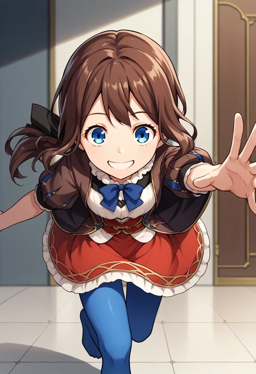 One girl, blue eyes, Long Hair, Brown Hair, Side Lock, Low Ponytail, ribbon, dress, White shirt, Puffy sleeves, Short sleeve, Red Skirt, Cape, Blue Pantyhose, running, Reaching out towards the viewer, close your eyes, smile, Open Mount, indoor, corridor, close-superior score_9, score_8_superior, score_7_superior, score_6_superior, score_5_superior, score_4_superior, Break Source_anime, masterpiece