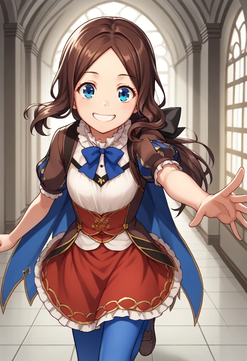 One girl, blue eyes, Long Hair, Brown Hair, Side Lock, Low Ponytail, ribbon, dress, White shirt, Puffy sleeves, Short sleeve, Red Skirt, Cape, Blue Pantyhose, corridor,（((I was pulled by the arm and forcibly dragged through the door.)))