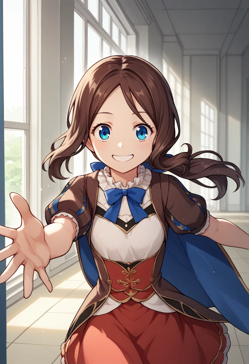 One girl, blue eyes, Long Hair, Brown Hair, Side Lock, Low Ponytail, ribbon, dress, White shirt, Puffy sleeves, Short sleeve, Red Skirt, Cape, Blue Pantyhose, running, Reaching out towards the viewer, close your eyes, smile, Open Mount, indoor, corridor, close-superior score_9, score_8_superior, score_7_superior, score_6_superior, score_5_superior, score_4_superior, Break Source_anime, masterpiece