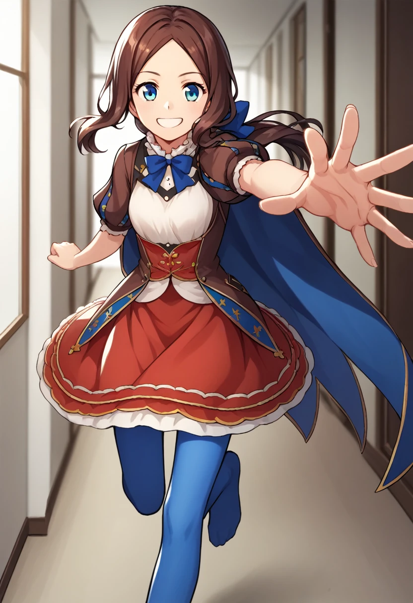 One girl, blue eyes, Long Hair, Brown Hair, Side Lock, Low Ponytail, ribbon, dress, White shirt, Puffy sleeves, Short sleeve, Red Skirt, Cape, Blue Pantyhose, running, Reaching out towards the viewer, close your eyes, smile, Open Mount, indoor, corridor, close-superior score_9, score_8_superior, score_7_superior, score_6_superior, score_5_superior, score_4_superior, Break Source_anime, masterpiece