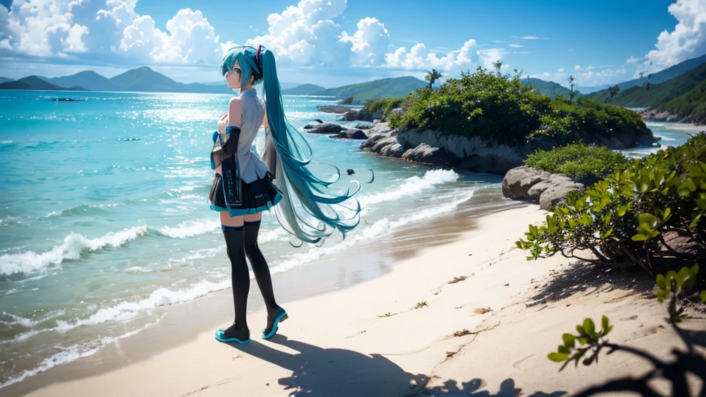 Hatsune Miku standing on a Caribbean beach、An illustration of a person looking into the distance and shedding tears。