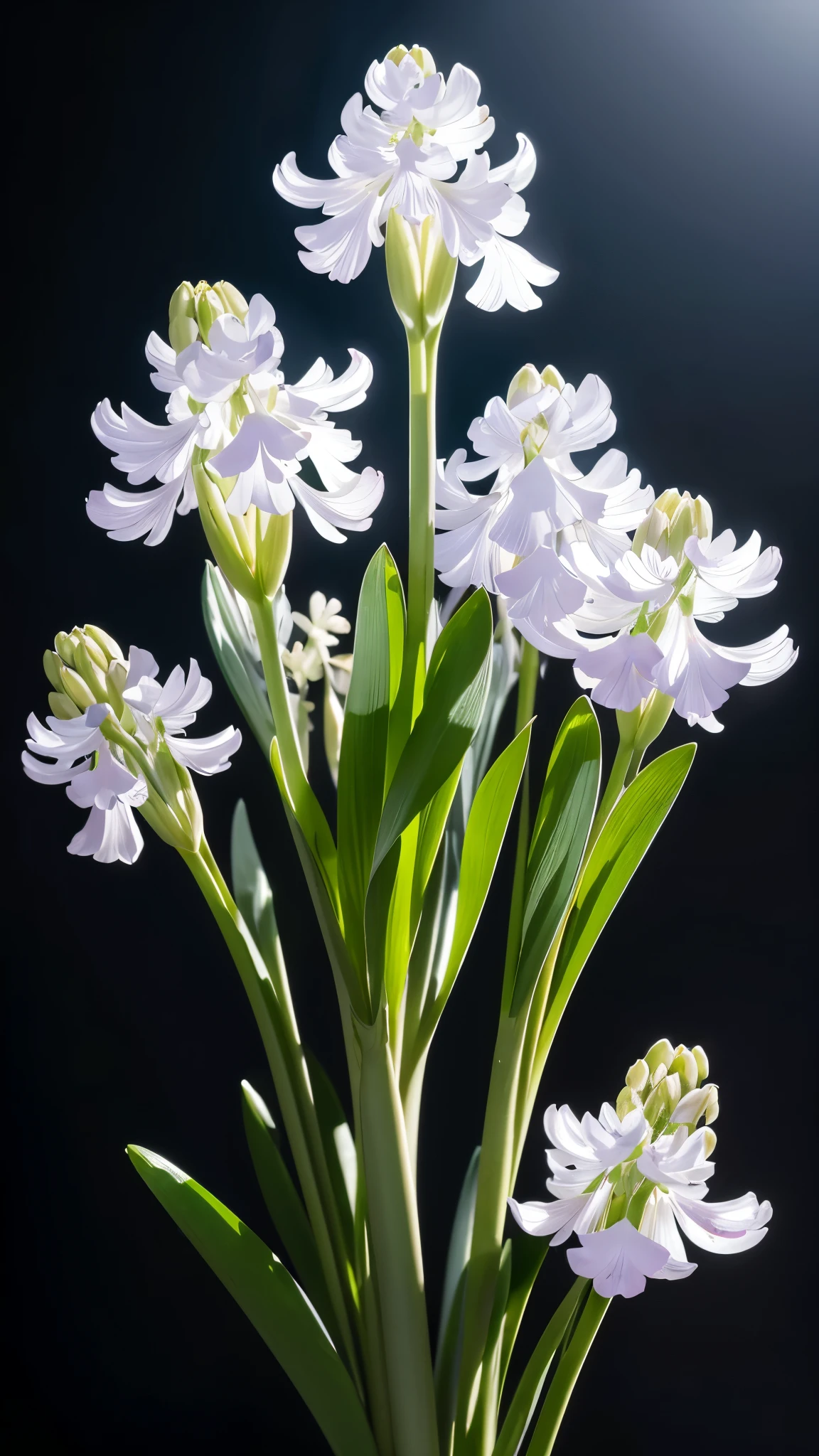 Delicate bouquet of hyacinths, Ultra-transparent, holy Light, beautiful spectral Light, Petals Shine, Blink, Dark Background, transparent Light drops, reflective Light, bright, Light flowing in, Optics, Portrait Profile, Sharp focus, Magic, Complex, Ultra-realistic, Fantasy, composition, Light, Art Station Trends, Pearl, Silvery Steam Guardian Cloud, Corrosive envelope group, 8K, ureal air 23v4 upLight