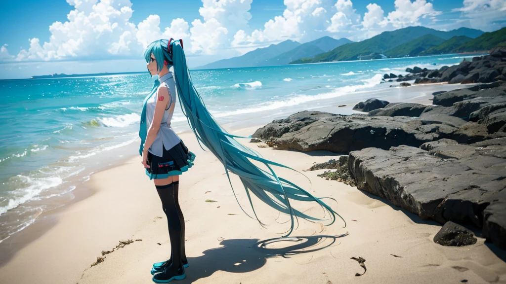 Hatsune Miku standing on a Caribbean beach、An illustration of a person looking into the distance and shedding tears。