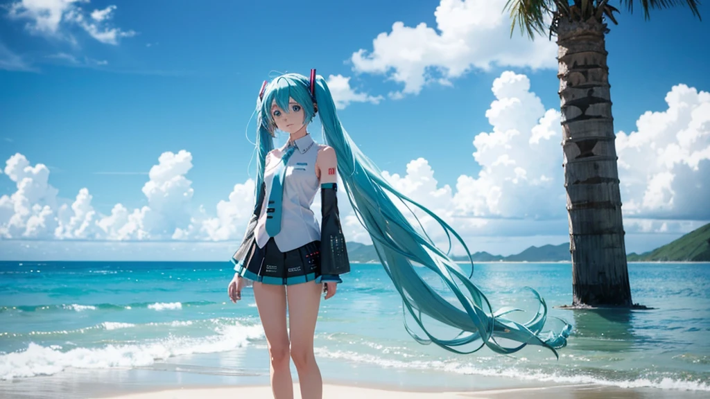 Hatsune Miku standing on a Caribbean beach、An illustration of a person looking into the distance and shedding tears。