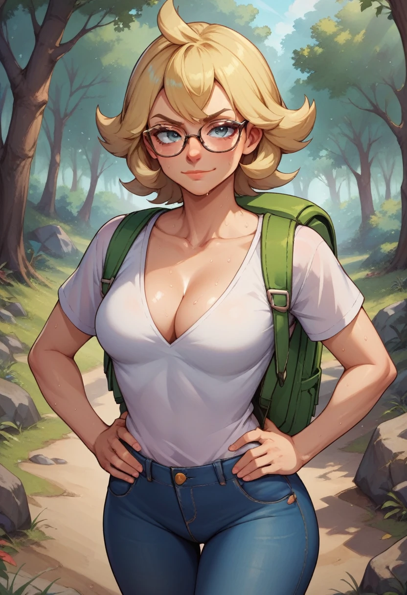 score_9, score_8_up, score_7_up, score_6_up, BREAK Grace from pokemon, wearing hiking outfit, backpack, cleavage, medium breasts, seductive smirk, hands holding own hips, sweating, wide hips, big ass, in a forest, jeans, long sleeved shirt, blonde hair, glasses