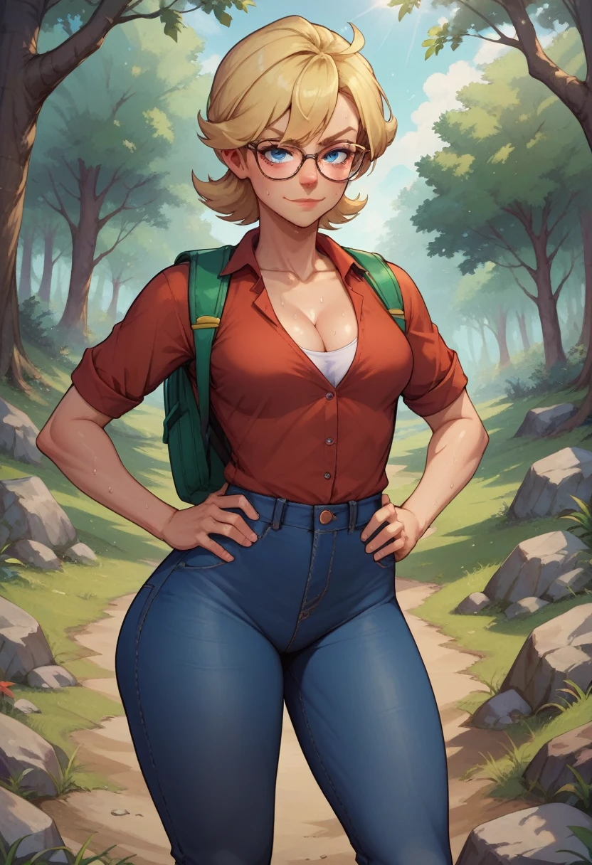 score_9, score_8_up, score_7_up, score_6_up, BREAK Grace from pokemon, wearing hiking outfit, backpack, cleavage, medium breasts, seductive smirk, hands holding own hips, sweating, wide hips, big ass, in a forest, jeans, long sleeved shirt, blonde hair, glasses