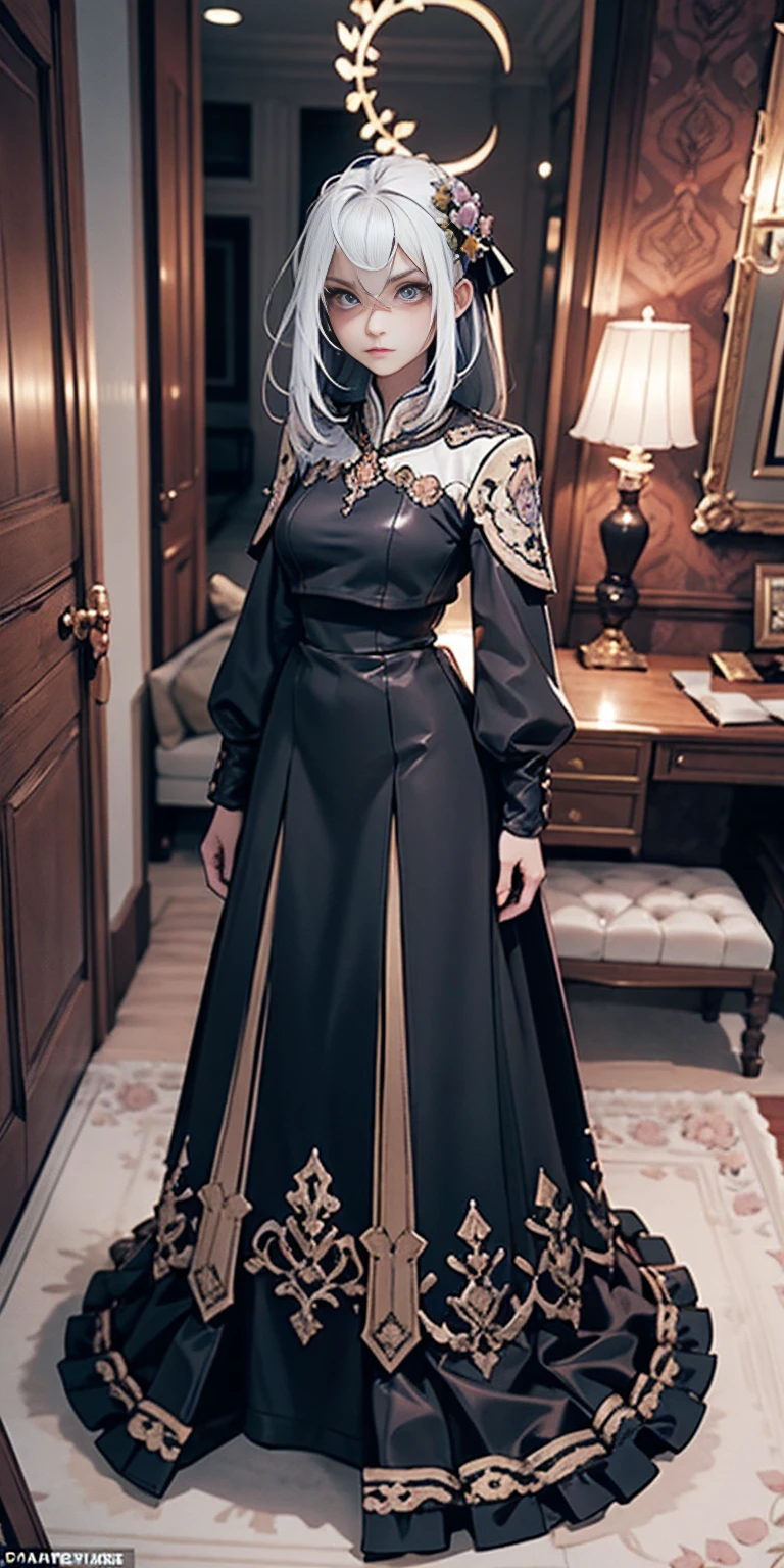 Setting: Royal bedroom - Grand, opulent, with rich fabrics and tapestries Character: Appearance: White hair - Short, styled in a sharp bob Full figure - Curvaceous Attire: High boots - Leather, reaching up the calves Elegant outfit Shirasu Azusa