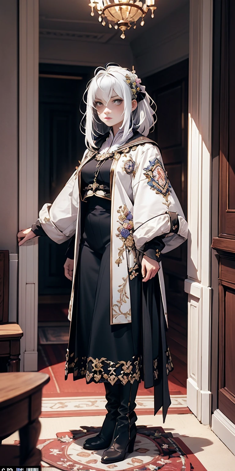 Setting: Royal bedroom - Grand, opulent, with rich fabrics and tapestries Character: Appearance: White hair - Short, styled in a sharp bob Full figure - Curvaceous Attire: High boots - Leather, reaching up the calves Elegant outfit Shirasu Azusa