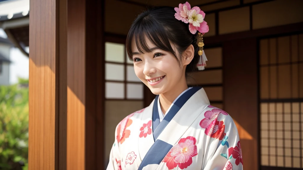 Woman in kimono。Facing forward and smiling。