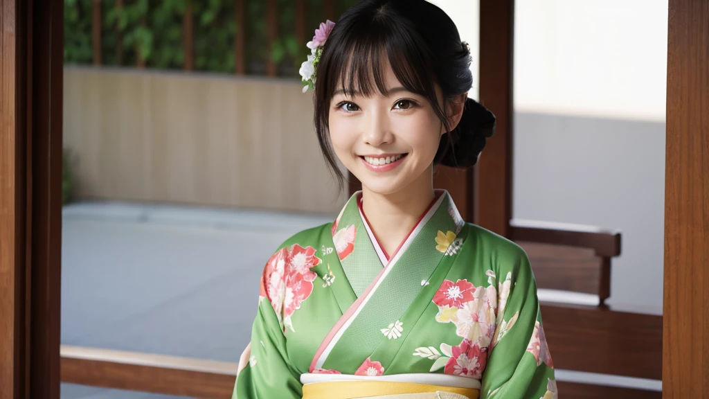 Woman in kimono。Facing forward and smiling。