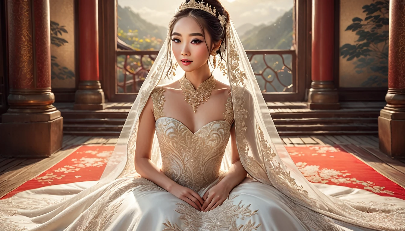 A tall Asian bride, wearing a full white bridal gown, beautiful detailed eyes, beautiful detailed lips, extremely detailed face, long eyelashes, elegant pose, intricate embroidery on the dress, shimmering fabric, natural lighting, high quality digital illustration, cinematic lighting, warm color palette, detailed background, fantasy art style, photorealistic, masterpiece
