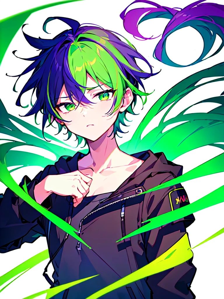 [(WHITE BACKGROUND:1.5),::5], ((((masterpiece)))), high quality, ultra very high resolution, full color, (((solo))), (()), Purple hair, ((Green streaked hair)), (Green eyes), anime, ((upper body)), neon light, black parka, 
