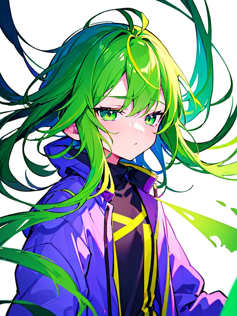 [(WHITE BACKGROUND:1.5),::5], ((((masterpiece)))), high quality, ultra very high resolution, full color, (((solo))), (()), Purple hair, ((Green streaked hair)), (Green eyes), anime, ((upper body)), neon light, black parka, 