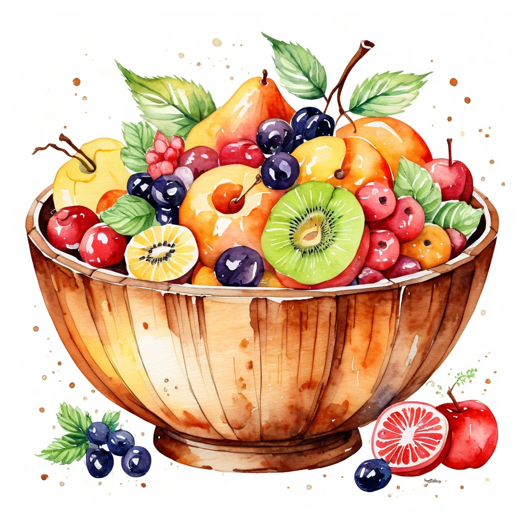 a vintage retro painting of a glossy wooden bowl of delicious fruit salad , ((watercolor)), solid white background, center composition, negative space around the object, washed out color, detailed masterpiece, loose drawing, clipart, vector art, illustration