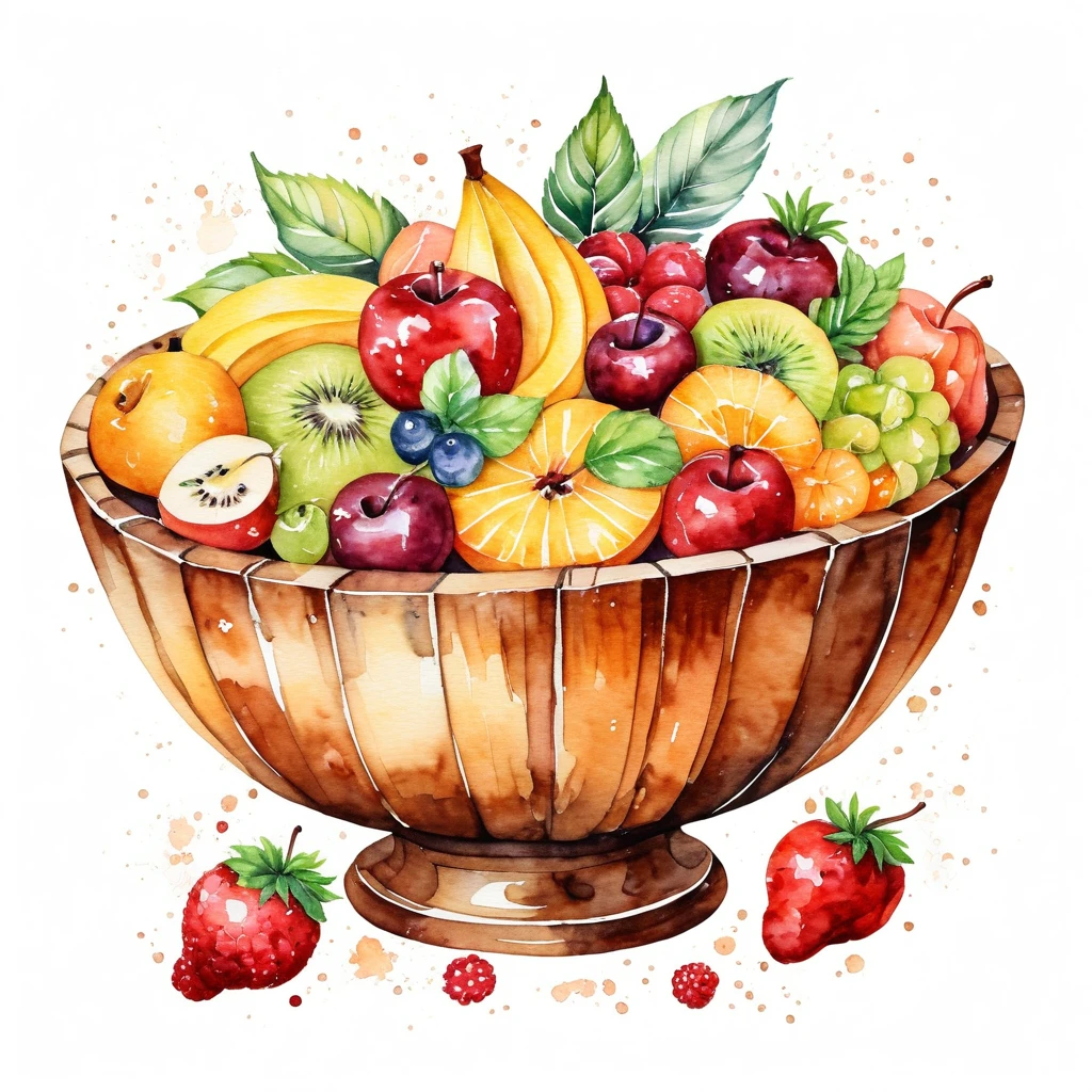 a vintage retro painting of a glossy wooden bowl of delicious fruit salad , ((watercolor)), solid white background, center composition, negative space around the object, washed out color, detailed masterpiece, loose drawing, clipart, vector art, illustration