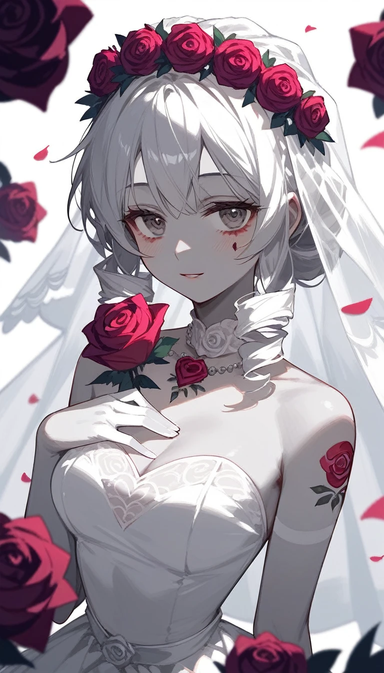 (Fraction_9,Fraction_8_Direction_7_up),1 Woman,(((bust))),whole body,There is a heart on the chest,There is a big rose on the waist,Black Wedding Dress Bride,Zombie Bride,curls,Gray skin,Off-white hair,Close your eyes,Black wreath on head,Black wedding dress with golden edges,Black skirt,beautiful_Face,There are weapons in hand,Purple roses,Pattern,裙子上有Pattern,Tattoo on leg,