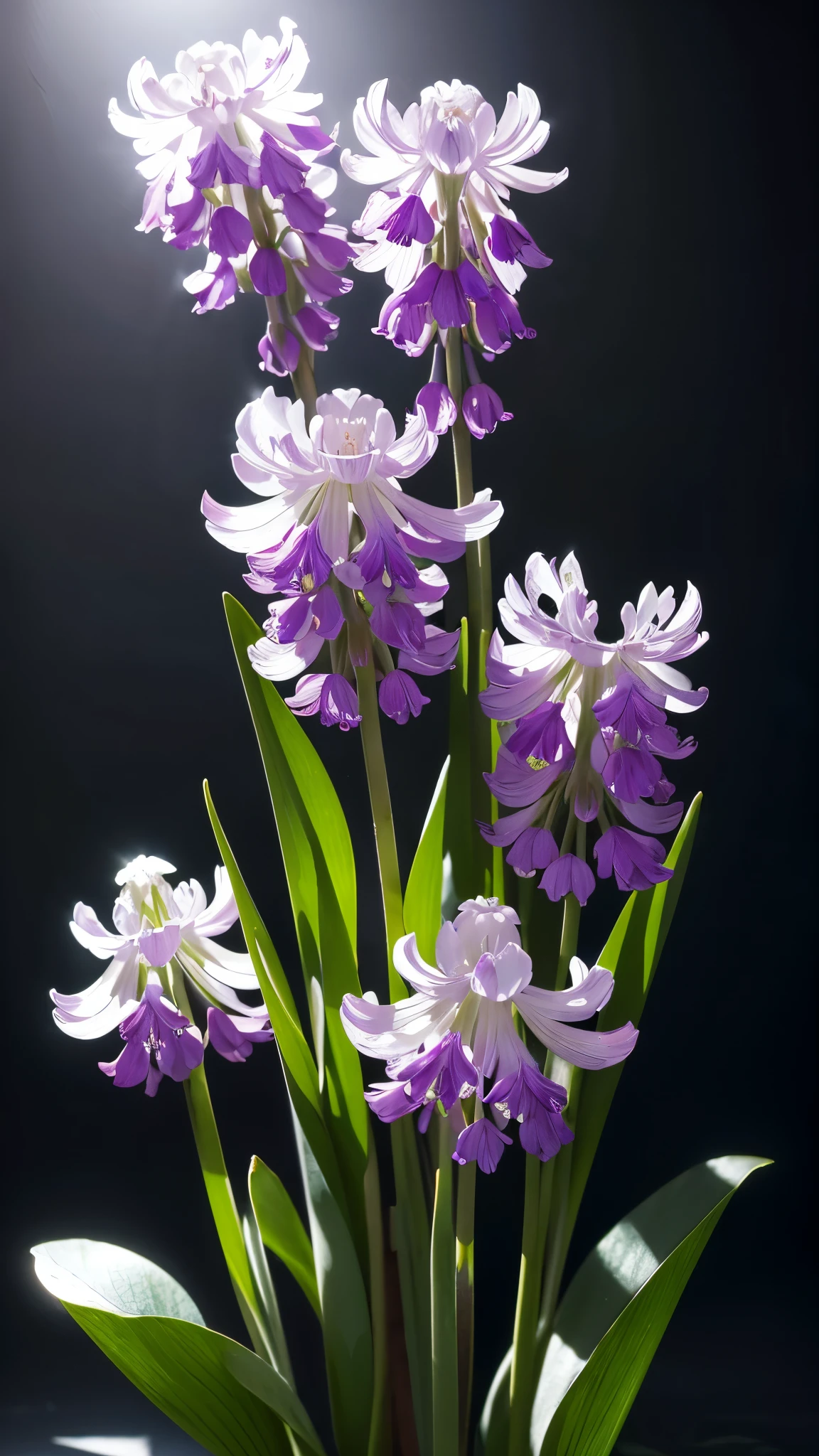 Delicate bouquet of hyacinths, Ultra-transparent, holy Light, beautiful spectral Light, Petals Shine, Blink, Dark Background, transparent Light drops, reflective Light, bright, Light flowing in, Optics, Portrait Profile, Sharp focus, Magic, Complex, Ultra-realistic, Fantasy, composition, Light, Art Station Trends, Pearl, Silvery Steam Guardian Cloud, Corrosive envelope group, 8K, ureal air 23v4 upLight