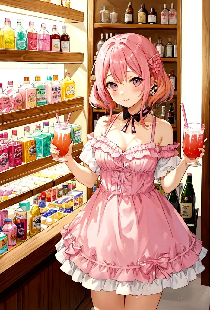 In the beverage shop，Pink Hair Girl，Drinking summer drinks