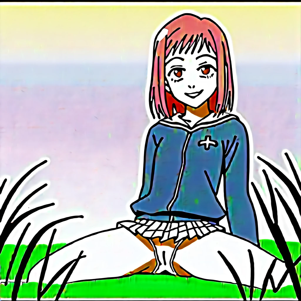 FZKZ, anime screencap, anime coloring, score_8_up, score_7_up, source_anime,rating_explicit,MS, 1girl, solo, retro artstyle, short hair, pink hair, brown eyes, sailor collar, blue long sleeve school shirt, grey plaid skirt, smile, looking at viewer, sitting on grass, spread legs, white panties, cameltoe, >:3,