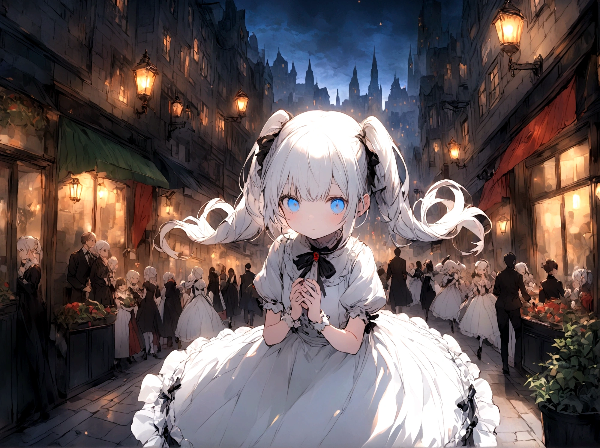 White Hair,Double ponytail curl,Blue Eye Color,White ta,Beth,Bustling city streets,Private Server,depth,Innocence
