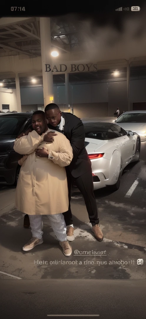 there are two men hugging each other in a parking lot. One in beige clothes and the other in black clothes.. change only the black clothes!! Make his skin lighter and make him fat... and dye his hair black