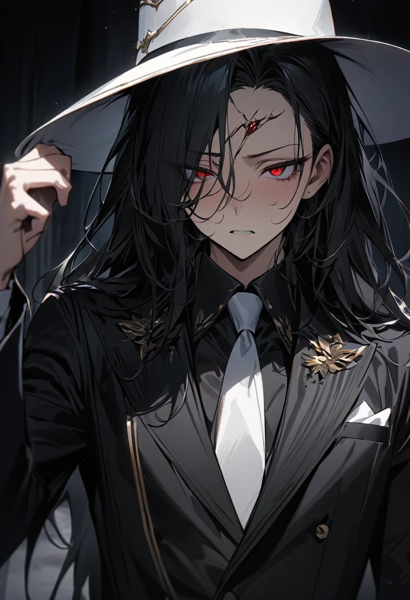 (( straight face picture )) ((best quality)), (Masterpiece)), (details), ( ) ( ornamentation ) Young man wearing a black suit , White tie ,white pants , white hat ,Shoulder-length hair ,My hair is a little frizzy. , I opened my forehead.,Red eyes ,at night ,There's smoke. ,moon , dark , Japanese mansion , ภาพdarkมน