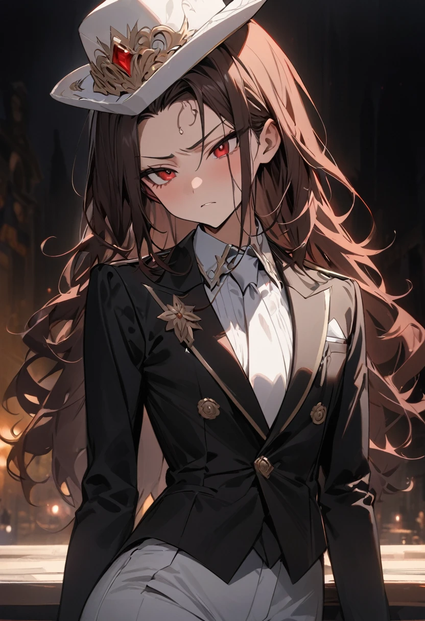 (( straight face picture )) ((best quality)), (Masterpiece)), (details), ( ) ( ornamentation ) Young man wearing a black suit , White tie ,white pants , white hat ,Shoulder-length hair ,My hair is a little frizzy. , I opened my forehead.,Red eyes ,at night ,There's smoke. ,moon , dark , Japanese mansion , ภาพdarkมน