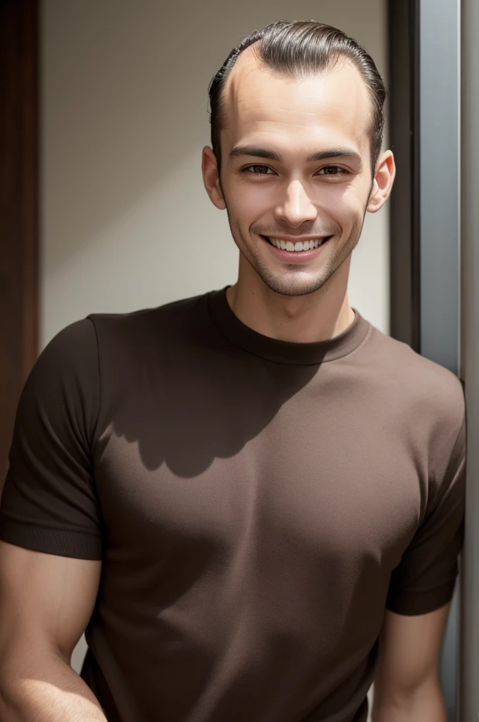 Tall Boy Short hair with receding hairline Smiling Looking cool Dark brown eyes