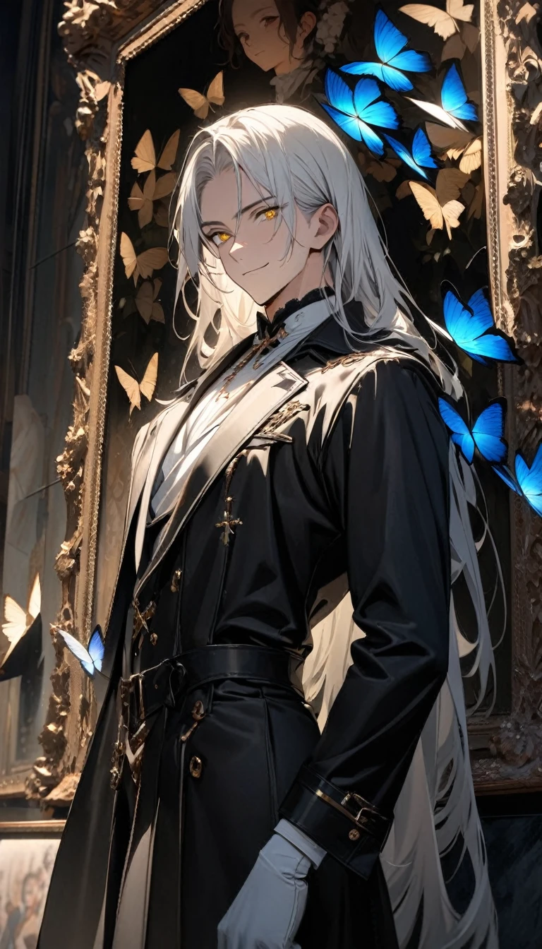 (masterpiece:1.5),best quality,(1 Handsome man),alone,white long length hair,(yellow eyes), (A soft smile),elegant,perfect face,Long black trench coat,white and blue cloth,white leather gloves,white lining,Slightly muscular body,High,8K,Beautiful contrast of light and shadow,Dark luxury background,(complete upper body),Positive face,luxury screen,Standing in front of the historical oil painting,Exquisite picture frame,((many erflies)),(Museum),Museum,many flowers,(cross jewelry)