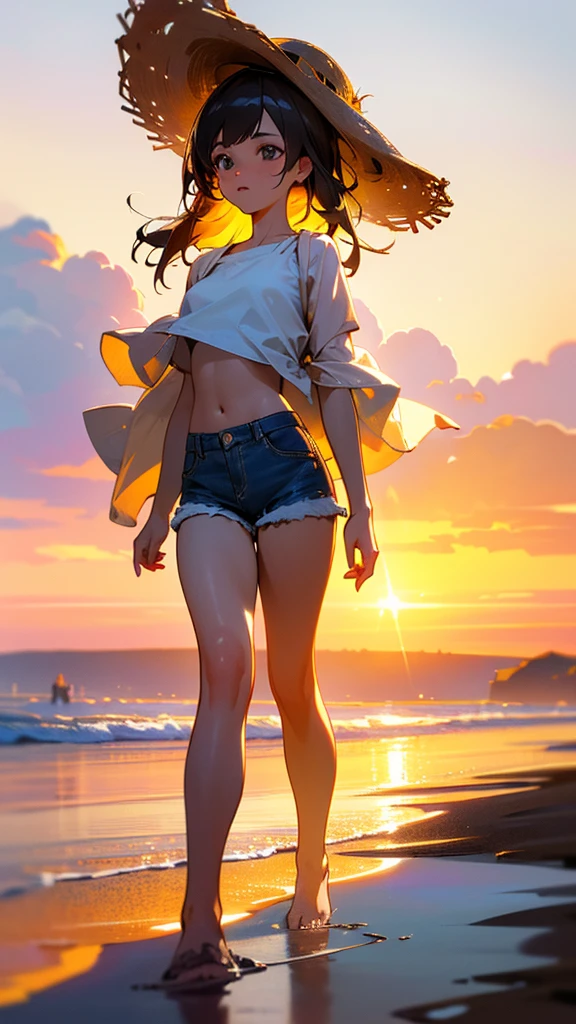 a girl walking on a beach, denim shorts, white shirt, tube top, straw hat, clouds reaching high in the open sky, golden hour lighting, cinematic, dramatic, hyper-detailed, photorealistic, masterpiece, (best quality,4k,8k,highres,masterpiece:1.2),ultra-detailed,(realistic,photorealistic,photo-realistic:1.37),HDR,UHD,studio lighting,ultra-fine painting,sharp focus,physically-based rendering,extreme detail description,professional,vivid colors,bokeh,landscape,warm color tones