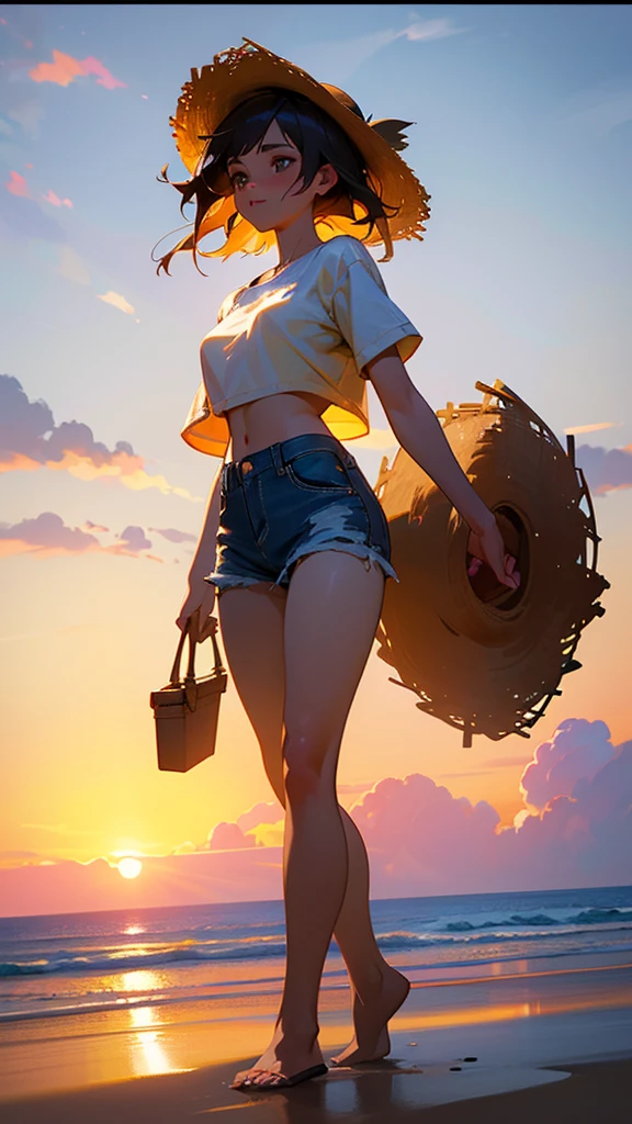 a girl walking on a beach, denim shorts, white shirt, tube top, straw hat, clouds reaching high in the open sky, golden hour lighting, cinematic, dramatic, hyper-detailed, photorealistic, masterpiece, (best quality,4k,8k,highres,masterpiece:1.2),ultra-detailed,(realistic,photorealistic,photo-realistic:1.37),HDR,UHD,studio lighting,ultra-fine painting,sharp focus,physically-based rendering,extreme detail description,professional,vivid colors,bokeh,landscape,warm color tones