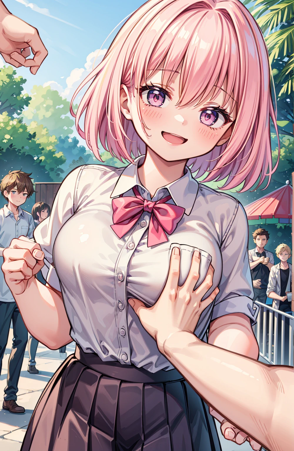 masterpiece, Highest quality, High resolution,(throw_hand grabbing chest),,One girl, One boy,Age difference,bow tie,Blonde,chest,Long Hair,Pink Hair,pleated skirt,Tucked in shirt,short hair,skirt,smile,Tent shirt,amusement_garden,breasts grab